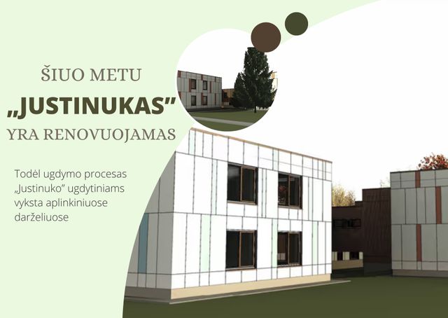 Grafika: šiuo metu „Justinukas“ yra renovuojamas — ugdymo procesas „Justinuko“ ugdytiniams vyksta aplinkiniuose darželiuose. Fone — atnaujinto pastato vizualizacija.