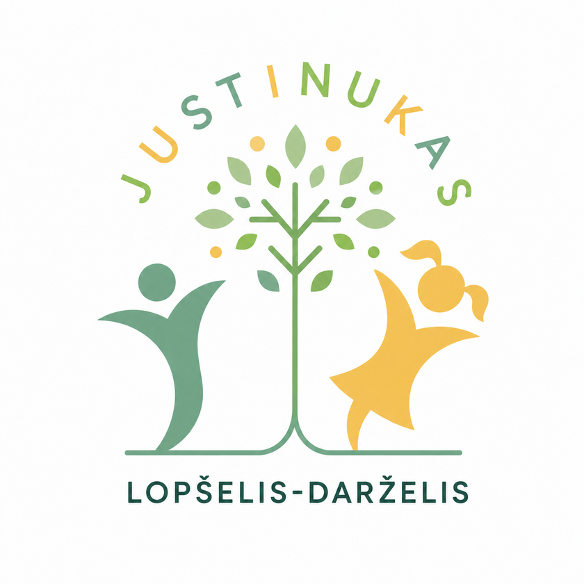 Vilniaus lopšelio-darželio „Justinukas“ logotipas: medis, po kuriuo žaidžia berniukas ir mergaitė
